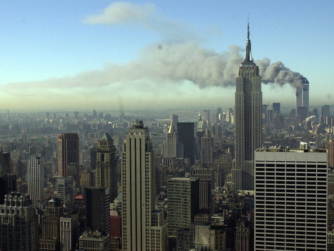 A photo taken on September 11, 2001 shows smoke in the sky in Manhattan.