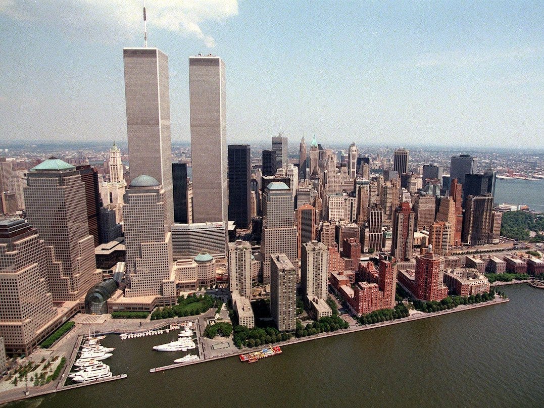 An aerial view of the Twin Towers on a peaceful June day in 1999.