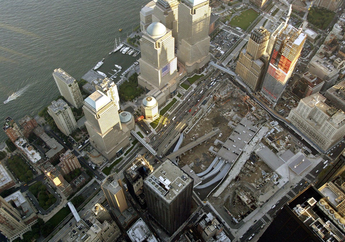 An aerial view showing the footprint of the World Trade Center site in lower Manhattan, with the Hudson River, left, on Friday Sept. 10, 2004