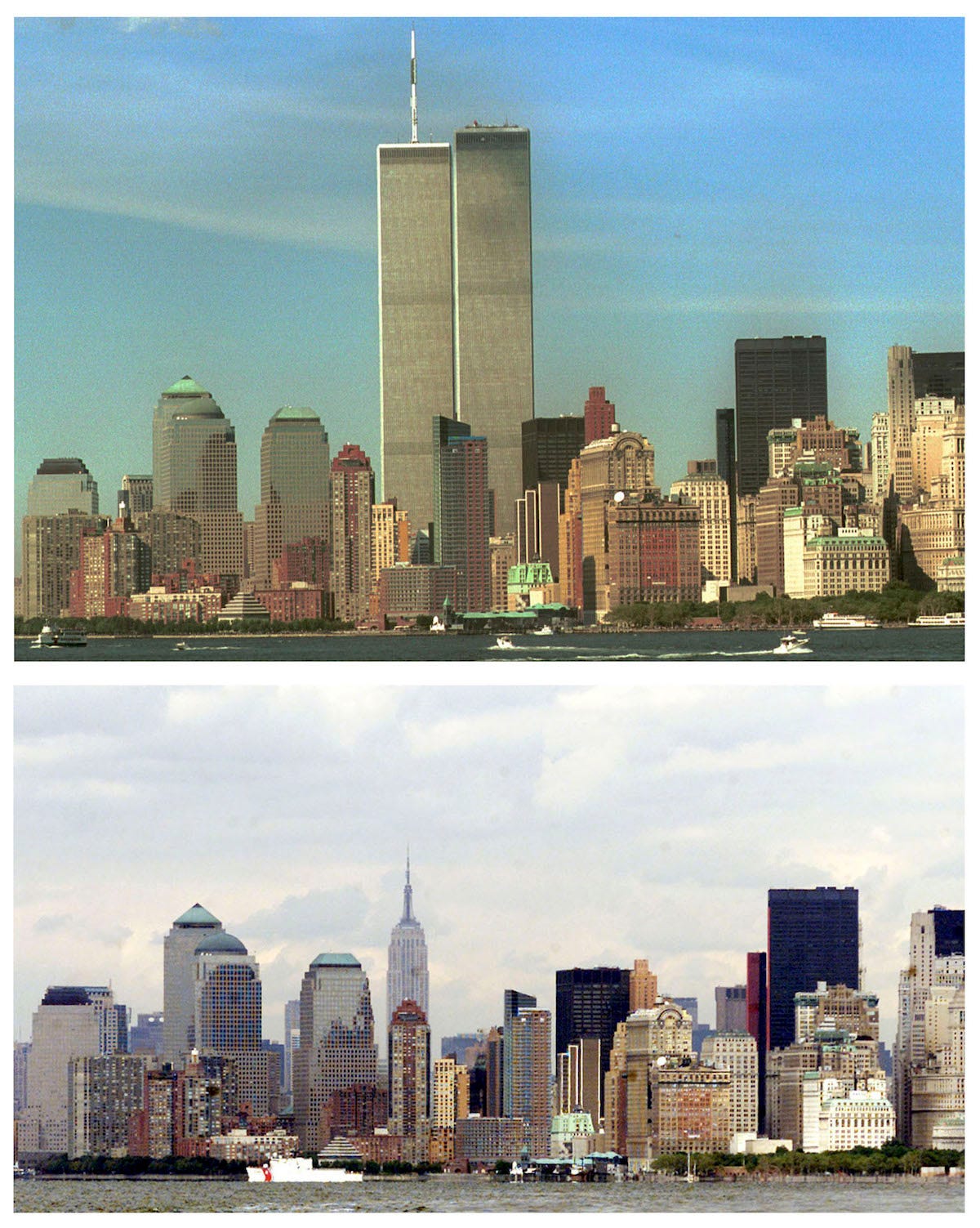 The lower Manhattan skyline is shown in an August 30, 2001 file photo (top), with the World Trade Center towers at center, and a in view taken from approximately the same spot on September 27, 2001, with both towers missing from the city's skyline following the September 11 attacks.