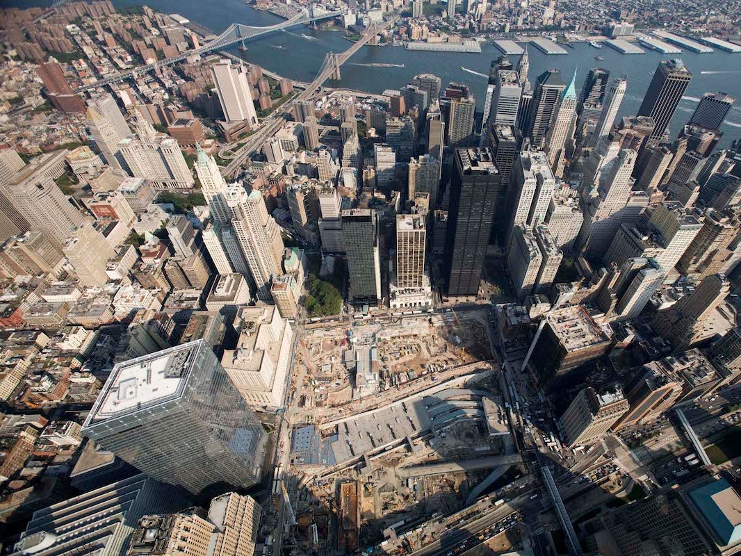 The World Trade Center site is surrounded by skyscrapers in New York.
