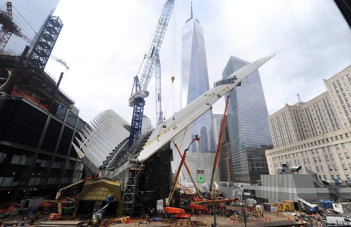 The waterfalls are tested as work continues on the National September 11 Memorial at the World Trade Center site, Friday, July 15, 2011 in New York.