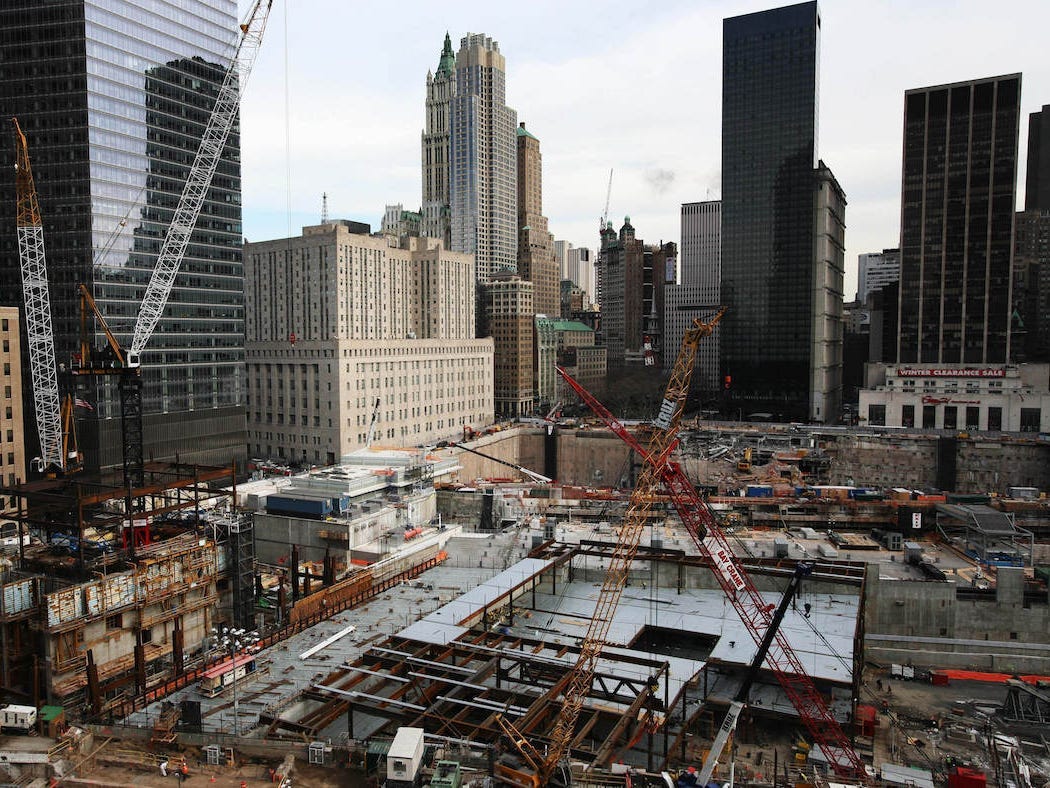 Attacks Memorial Cranes work above the north pool, lower right, of the National September 11 Memorial and Museum at the World Trade Center site Tuesday, Jan. 27, 2009