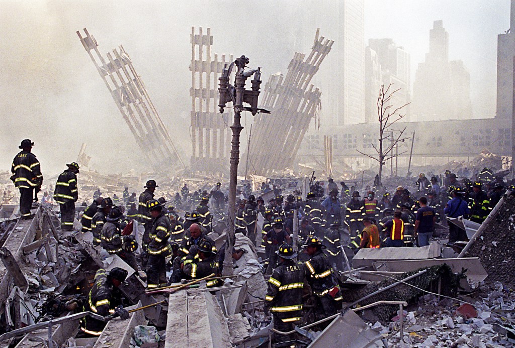 Firefighters at Ground Zero after the World Trade Center attacks.