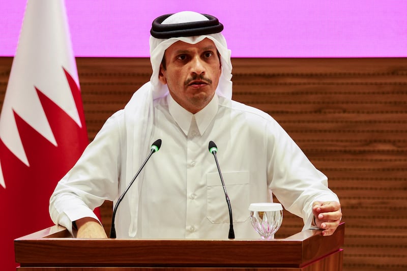 Qatar's Prime Minister Mohammed bin Abdulrahman al-Thani addresses a press conference following Israeli strikes in Doha on September 9, 2025.