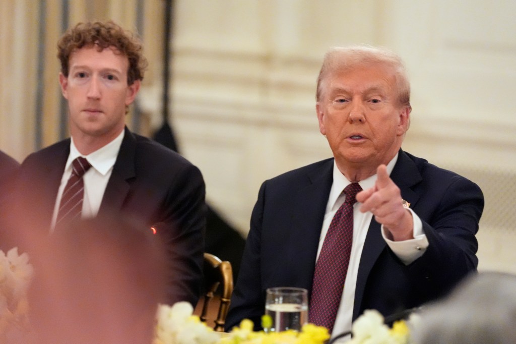Donald Trump speaking, Mark Zuckerberg listening.