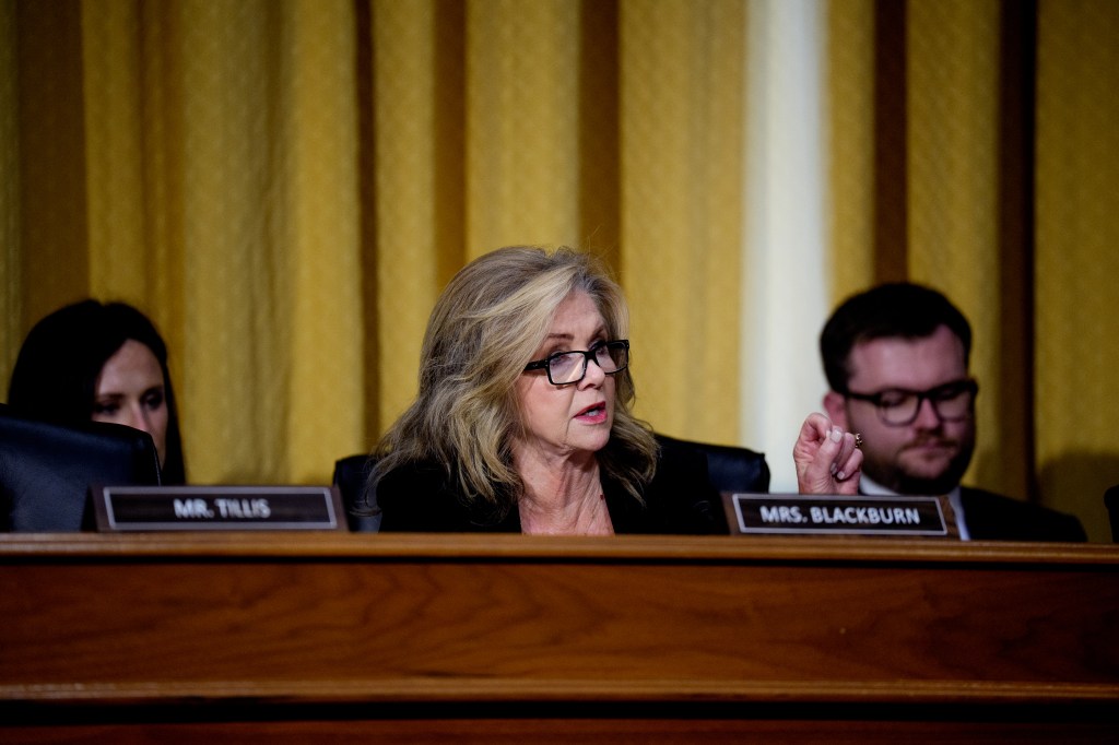 Sen. Marsha Blackburn testifying at a Senate Finance Committee hearing.