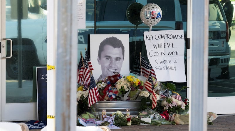A memorial is held for Charlie Kirk, who was shot and killed in Utah, at the Turning Point USA headquarters in Phoenix, Arizona, Sept. 10, 2025.