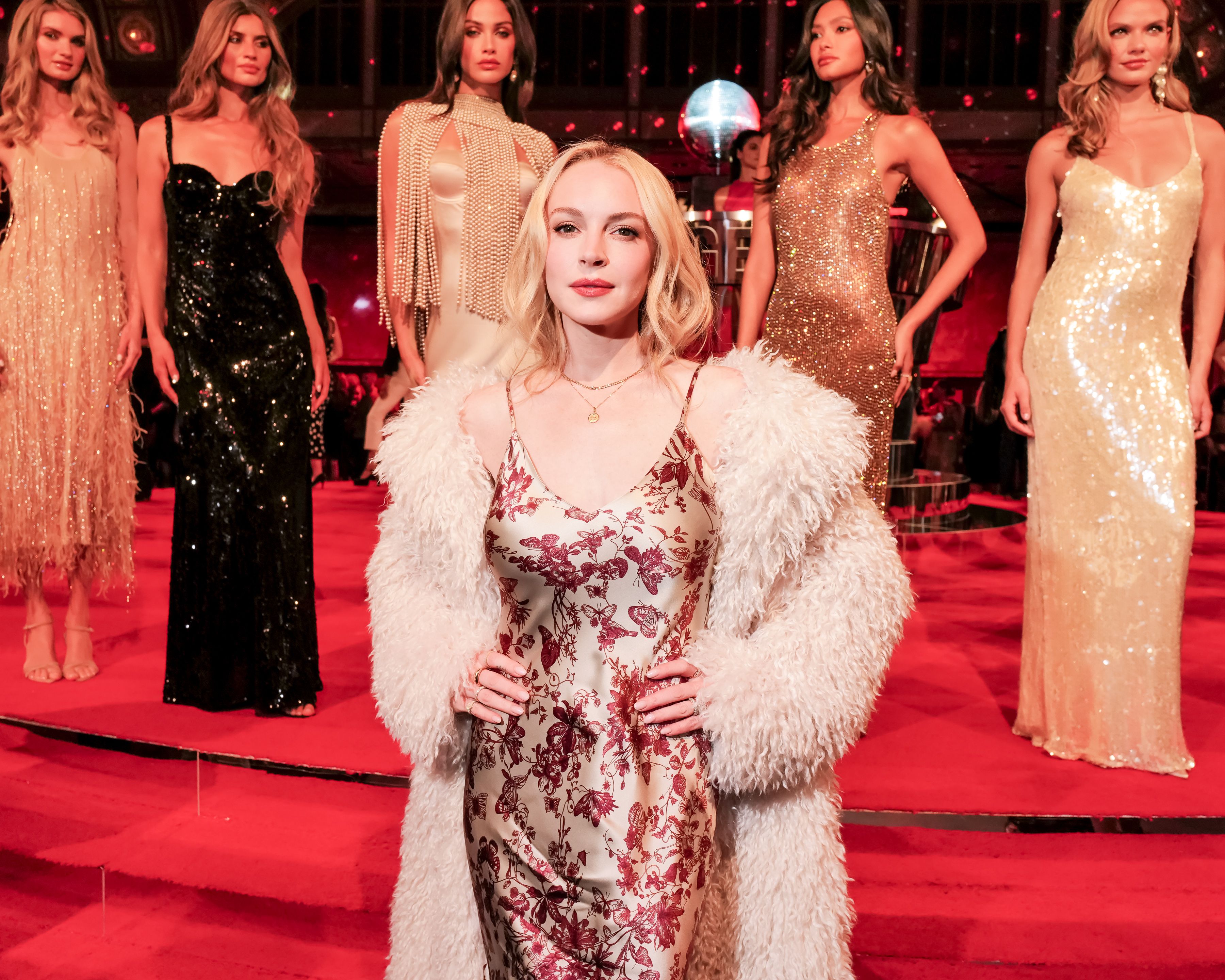 Lindsay Lohan looks lovely in floral while attending the L'AGENCE show in NYC.