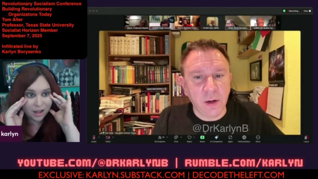 Screenshot of a video conference showing Tom Alter and Karlyn Borysenko discussing the Revolutionary Socialism Conference.