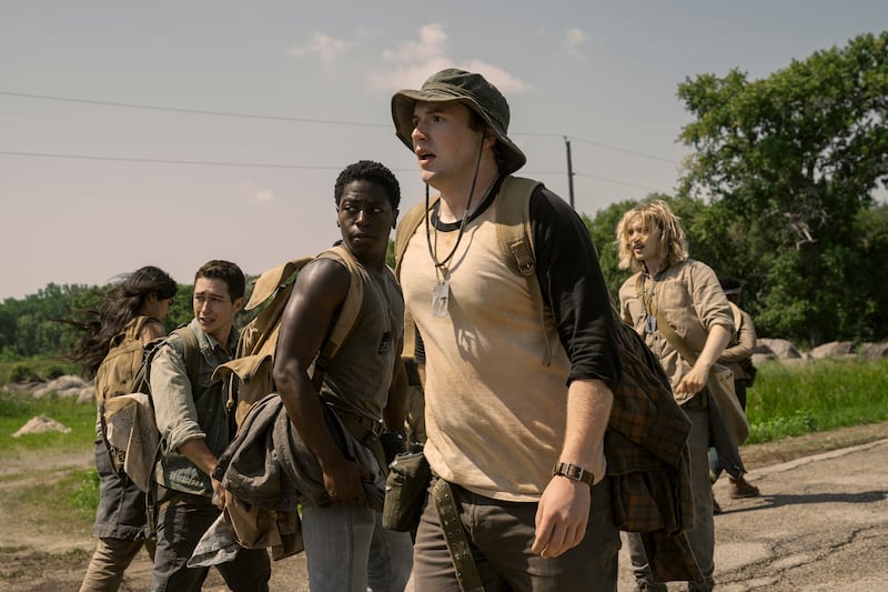 Joshua Odjick as Parker, Jordan Gonzalez as Harkness, David Jonsson as McVries, Cooper Hoffman as Garraty, and Charlie Plummer as Barkovitch in The Long Walk.