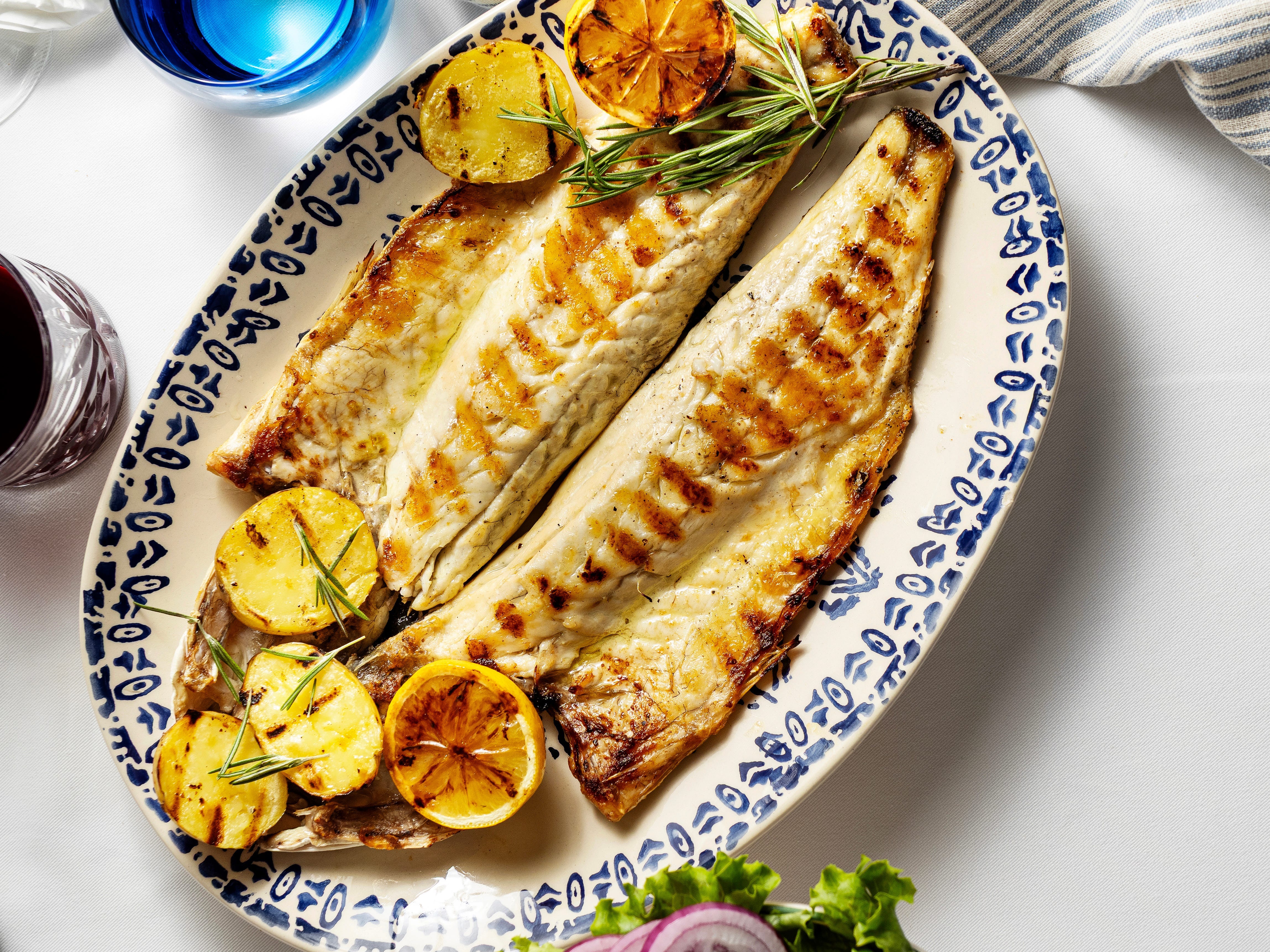 Plate of pan-fried seabass.