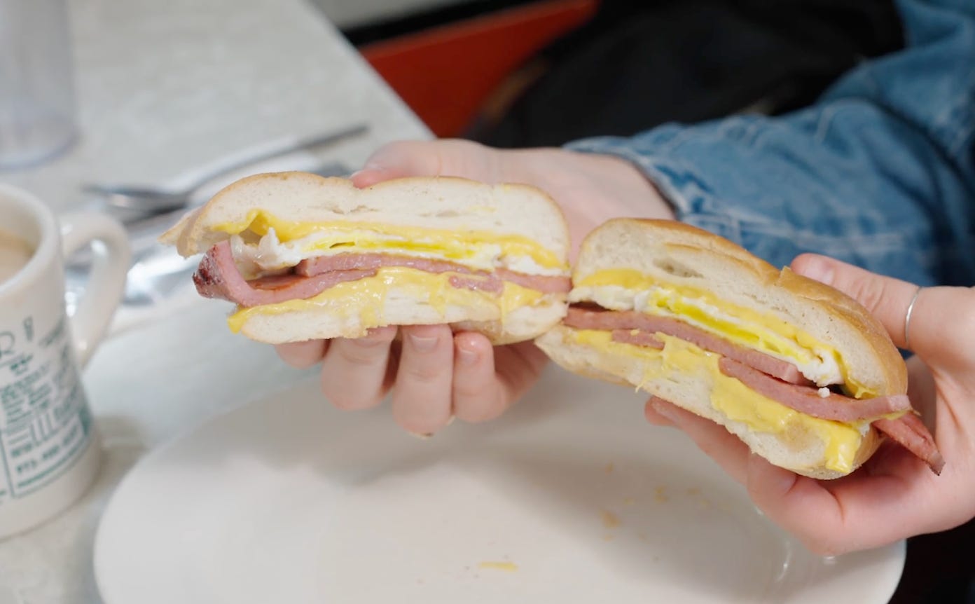A Taylor Ham, egg, and cheese sandwich.