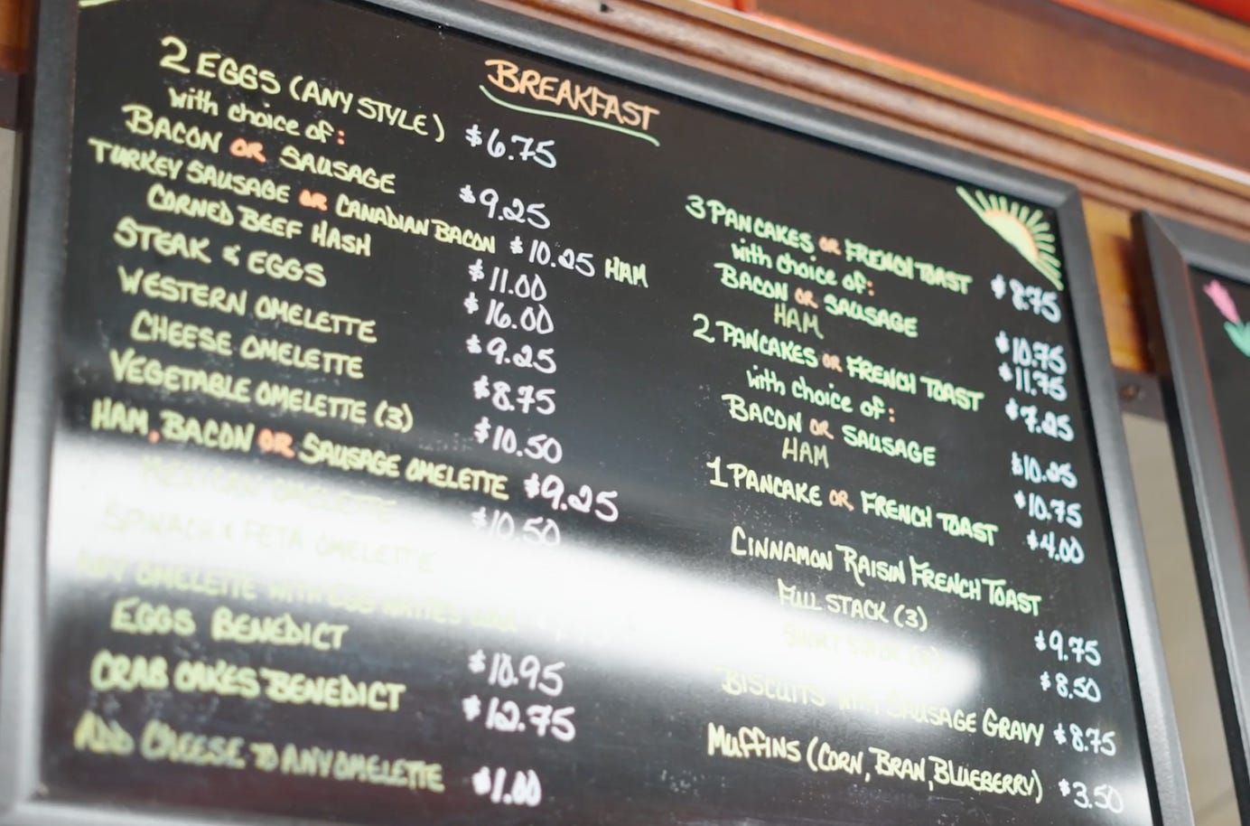 breakfast menu with items including eggs, western omelet, and bacon