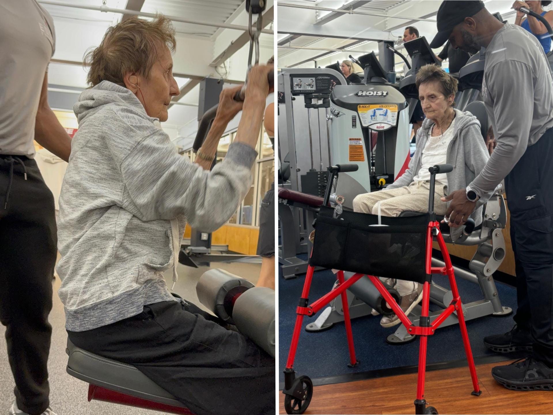 A split image shows an elderly woman working on different types of gym equipment.