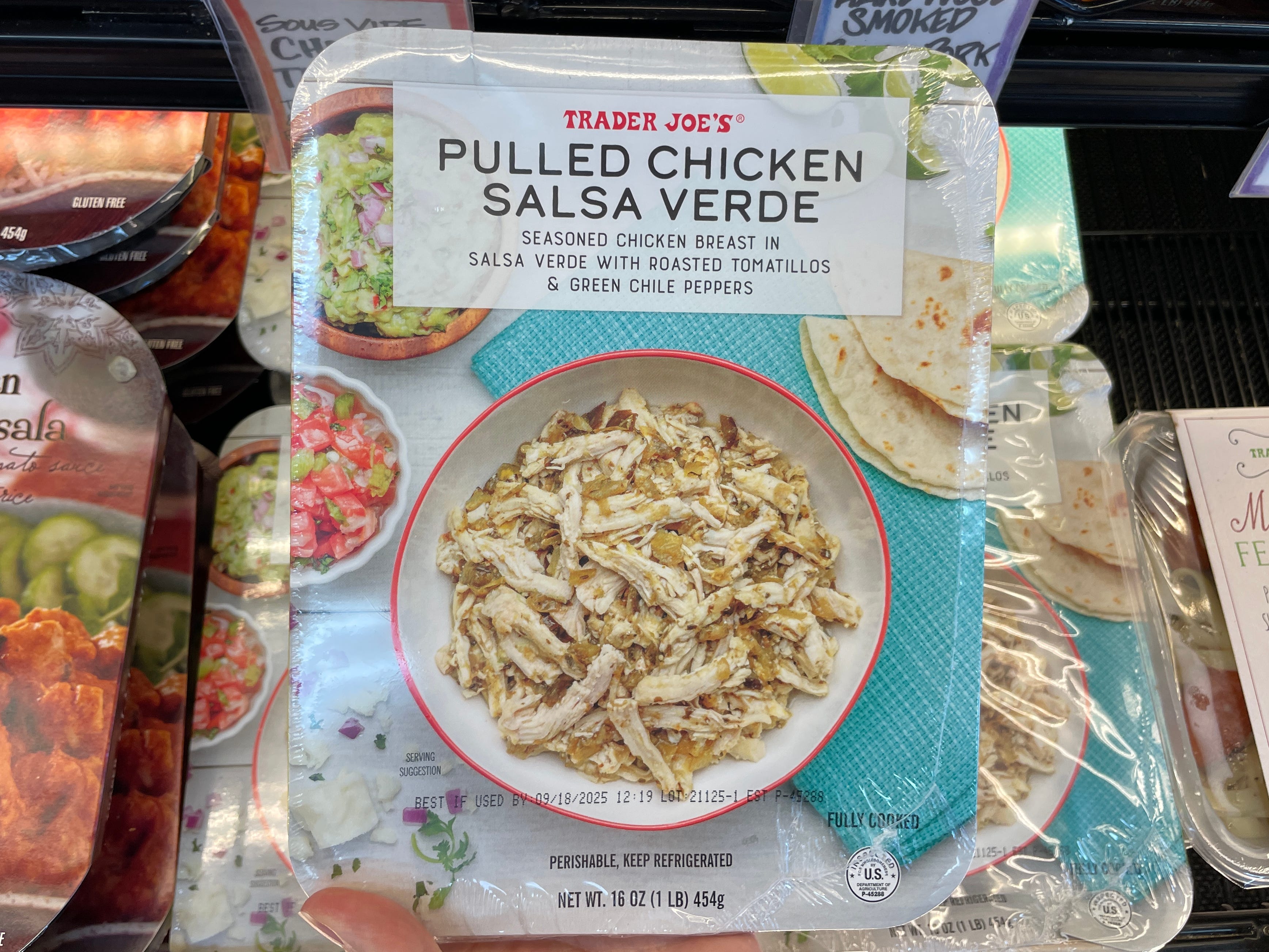 Trader Joe's pulled chicken salsa verde on shelf