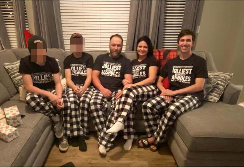 Family in matching pajamas.