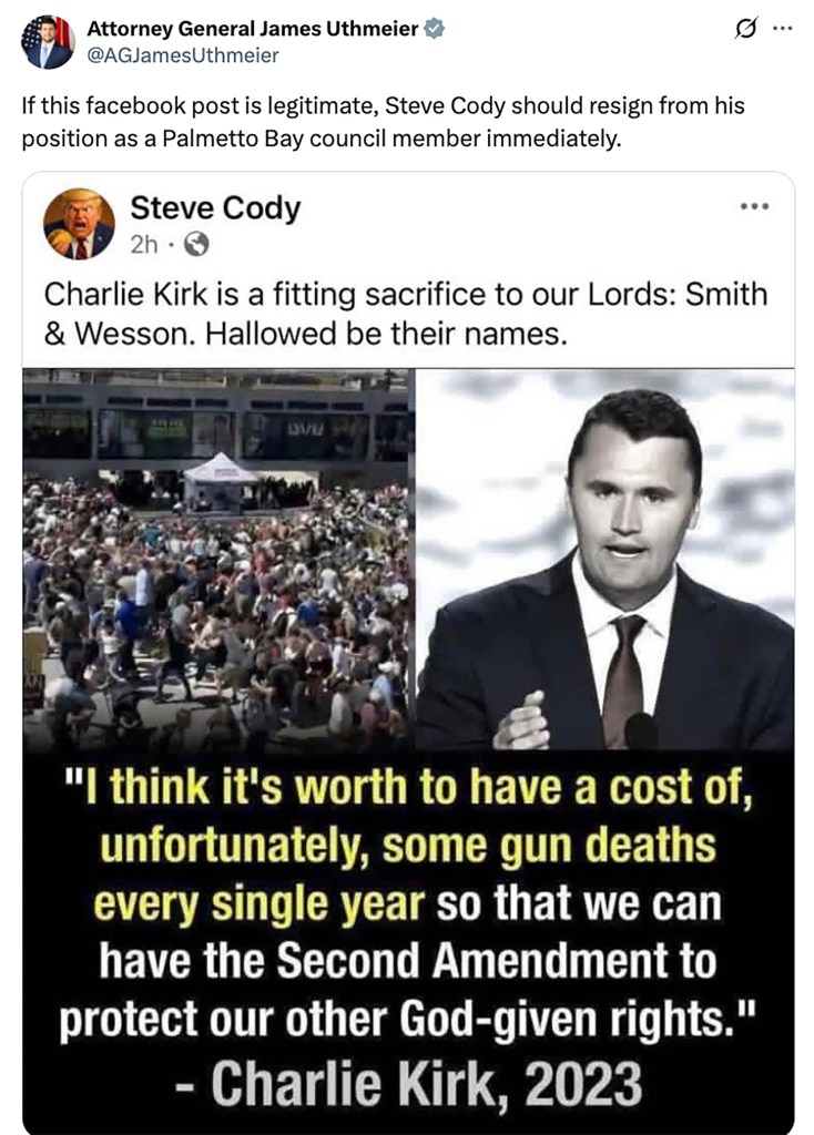 Cody’s Facebook post declared: “Charlie Kirk is a fitting sacrifice to our Lords: Smith & Wesson. Hallowed be their names.”