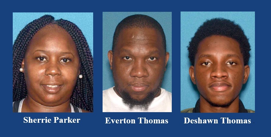 Mugshots of Sherrie Parker, Everton Thomas, and Deshawn Thomas.