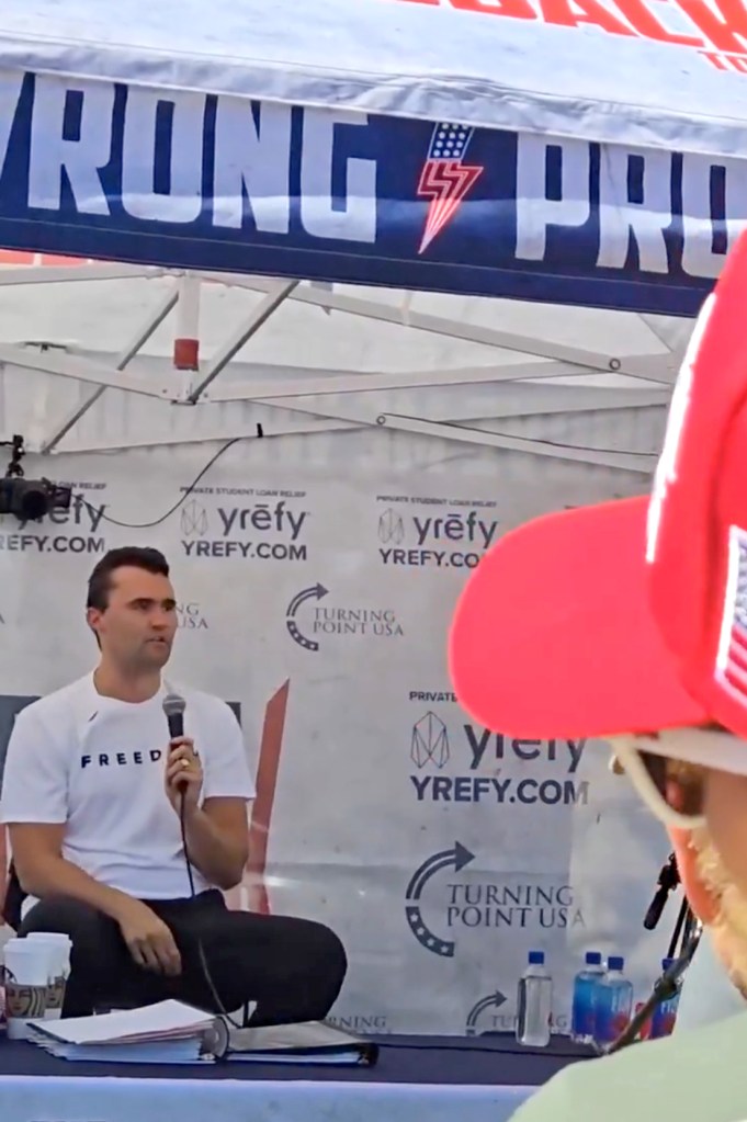 Charlie Kirk speaks to a crowd at Utah Valley University moments before he was fatally shot on Sept. 10, 2025.