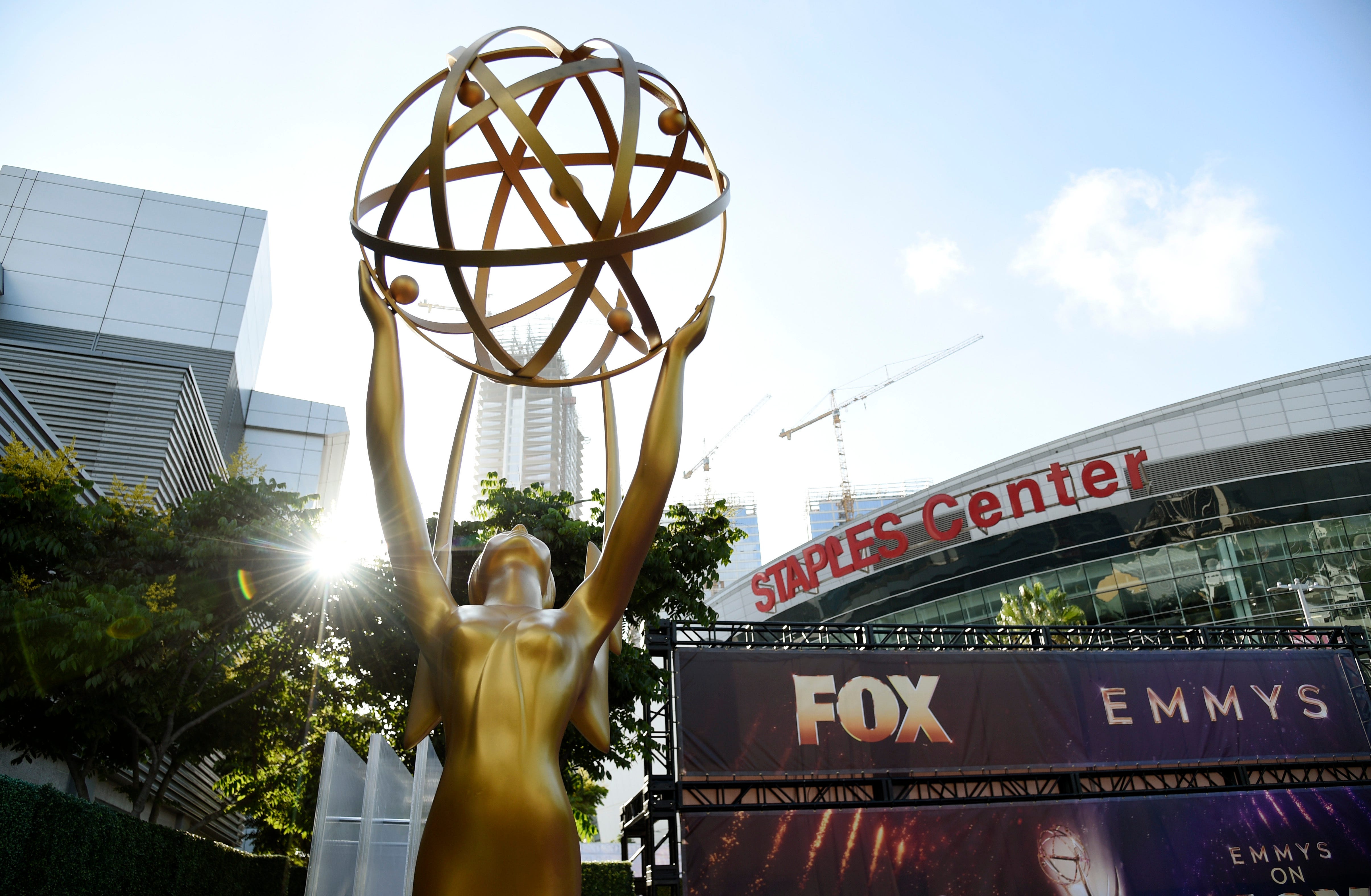 An Emmy statue stands outside the Microsoft Theater during Press Preview Day for Sunday's 71st Primetime Emmy Awards, Thursday, Sept. 19, 2019, in Los Angeles. (Photo by Chris Pizzello/Invision/AP)