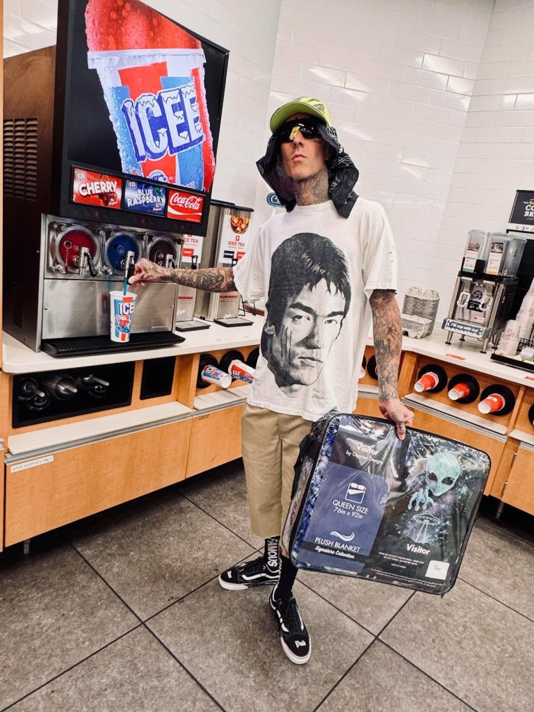 Blink-182’s Travis Barker recharges with a slushee, and a new blankie,  after a show at upstate’s Bethel Woods Center for the Arts.
