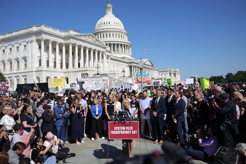 Representative Marjorie Taylor Greene  speaks at a press conference at the U.S. Capitol in Washington, D.C. on September 3, 2025, announcing the Epstein Files Transparency Act, which calls for the release of all unclassified documents in the Jeffrey Epstein case.