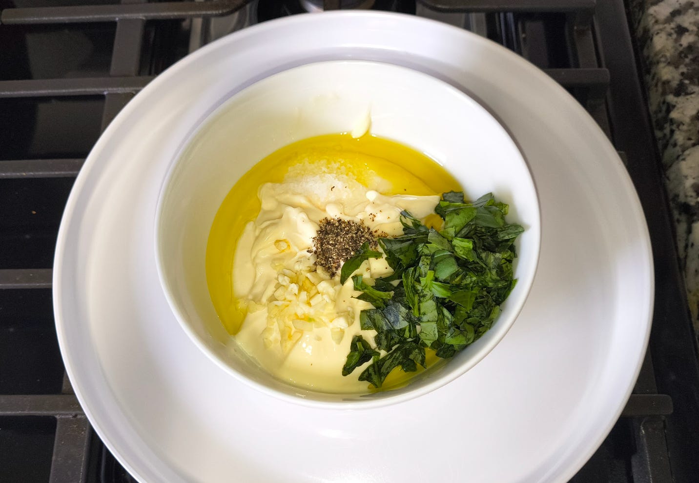 The ingredients for Ina Garten's basil mayo.