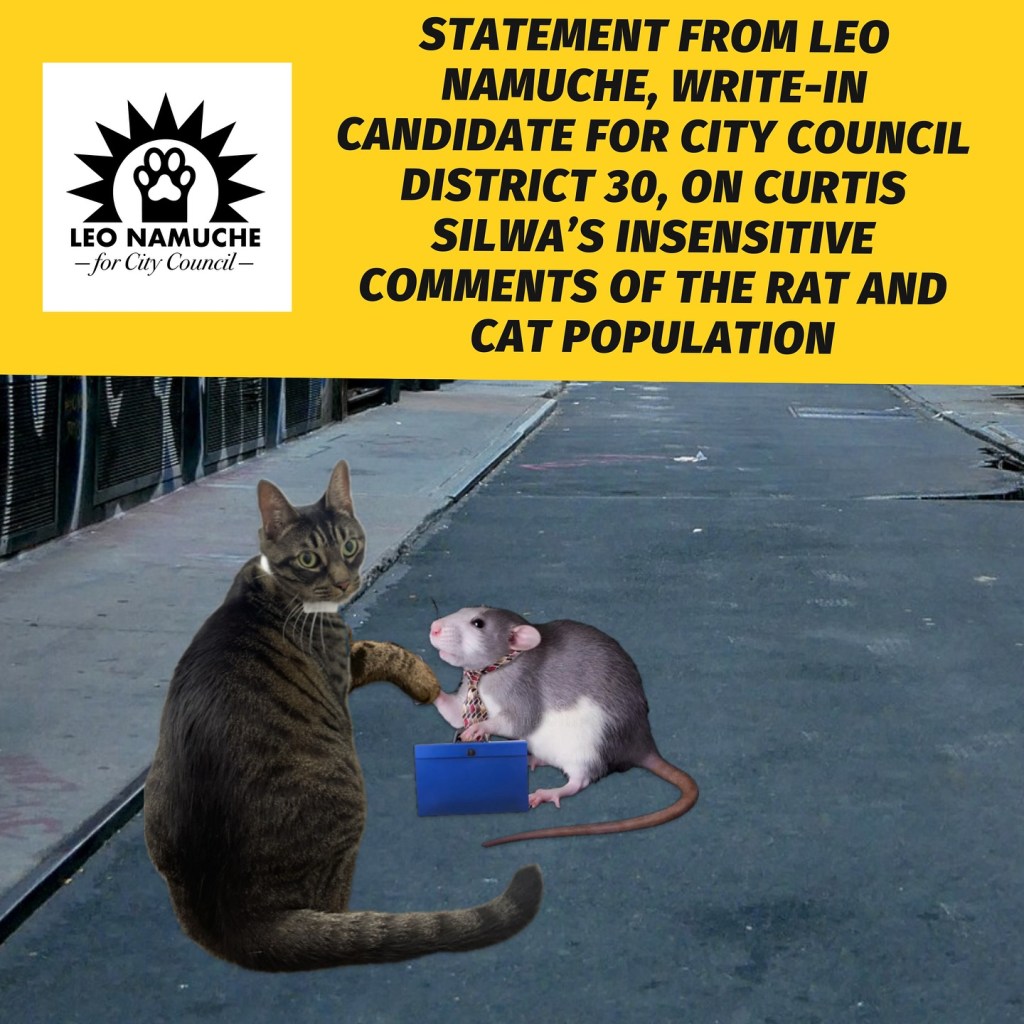 Illustration of a cat and rat in business attire, campaigning against insensitive comments.