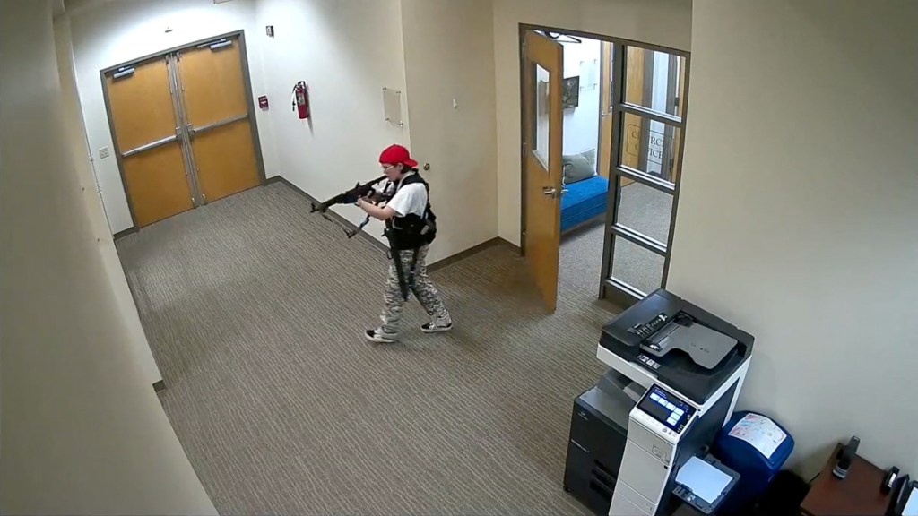 Surveillance footage of Audrey Hale carrying weapons inside The Covenant School.