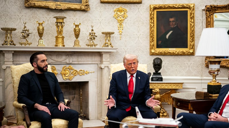 US President Donald Trump, center right, and Nayib Bukele, El Salvador's president, center left, during a meeting in the Oval Office of the White House in Washington, DC, US, on Monday, April 14, 2025.