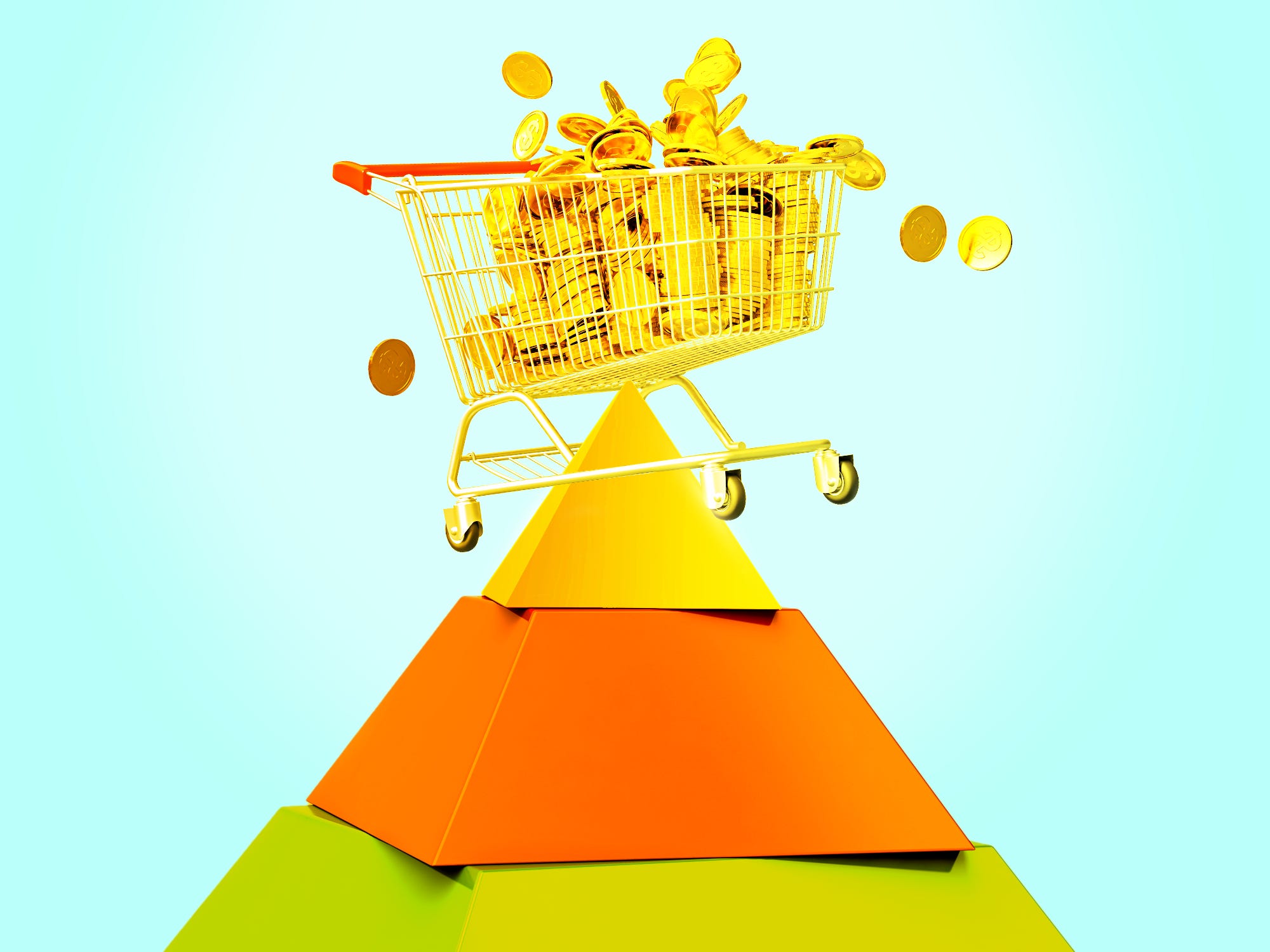 Golden Shopping cart filled with coins on top of a 3 tiered -pyramid.
