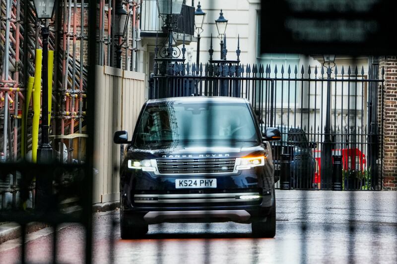 Britain's Prince Harry, inside a vehicle, arrives at Clarence House, an official residence of Britain's King Charles, in London, Britain, September 10, 2025.