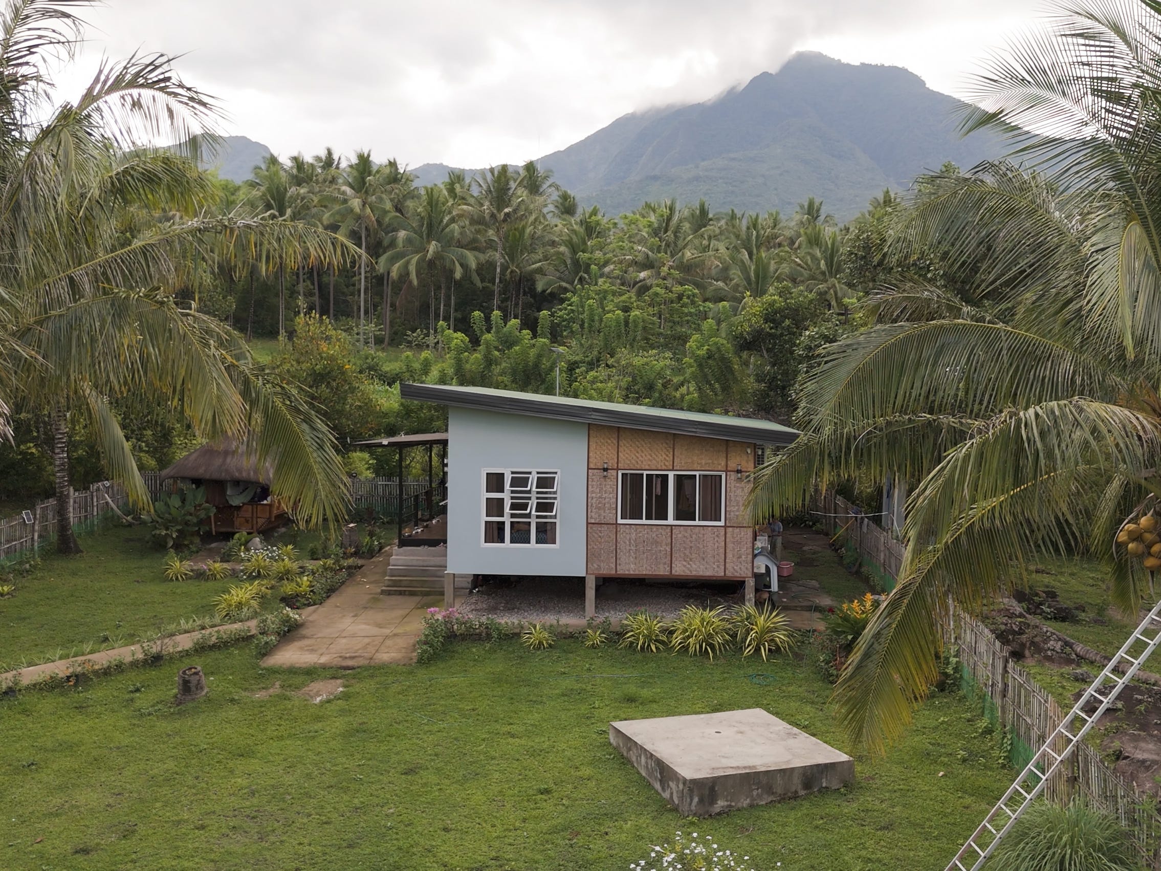 The exterior of the tiny house, taken by a drone.