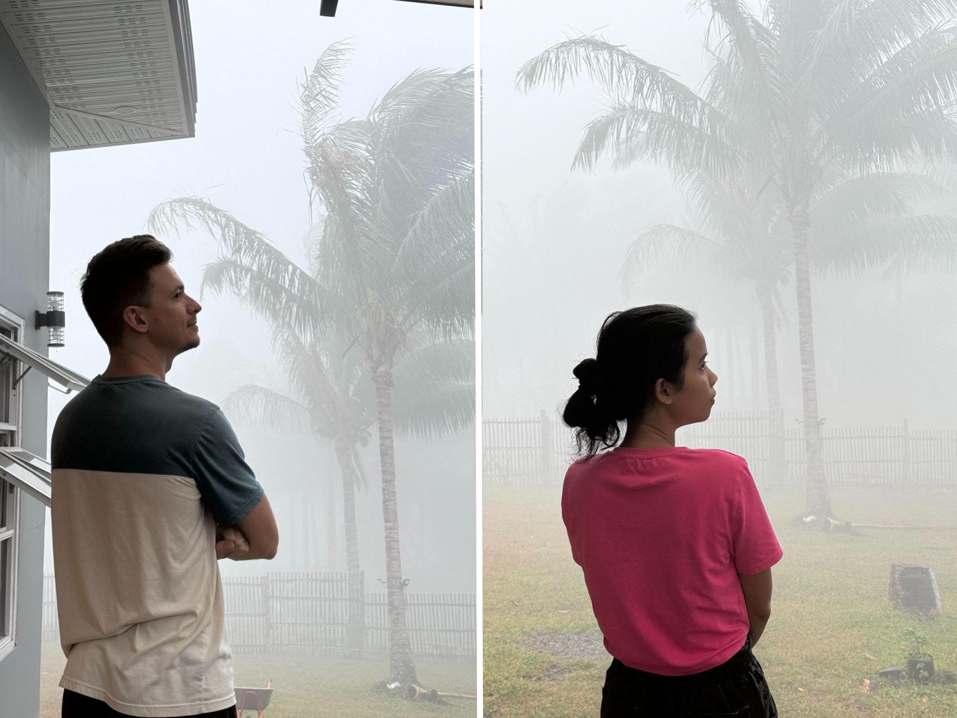 A composite image of a man and a woman posing against a storm in the background.