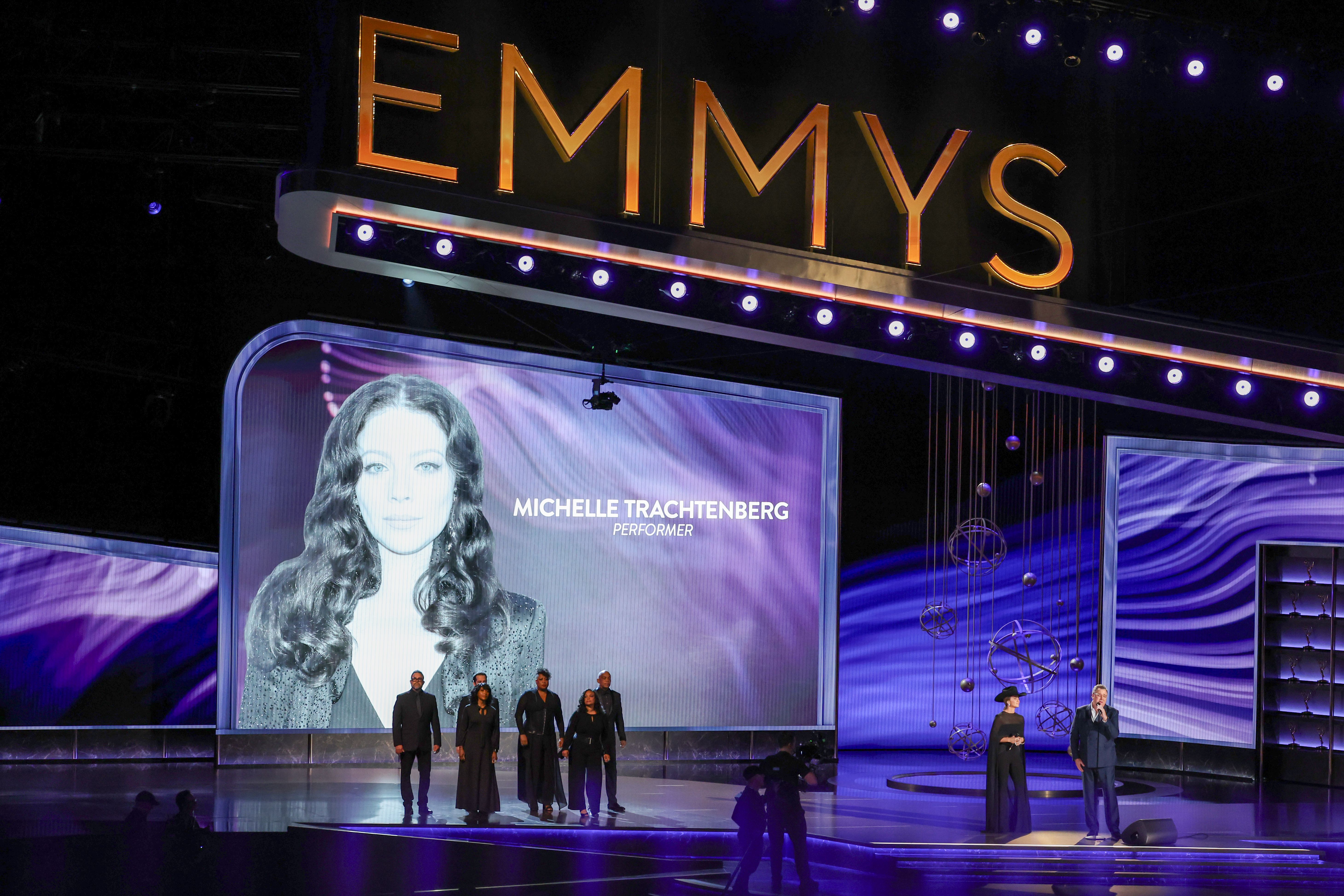 A tribute for Michelle Trachtenberg onscreen during the 77th Primetime Emmy Awards, Show, Los Angeles, California, USA - 14 Sep 2025