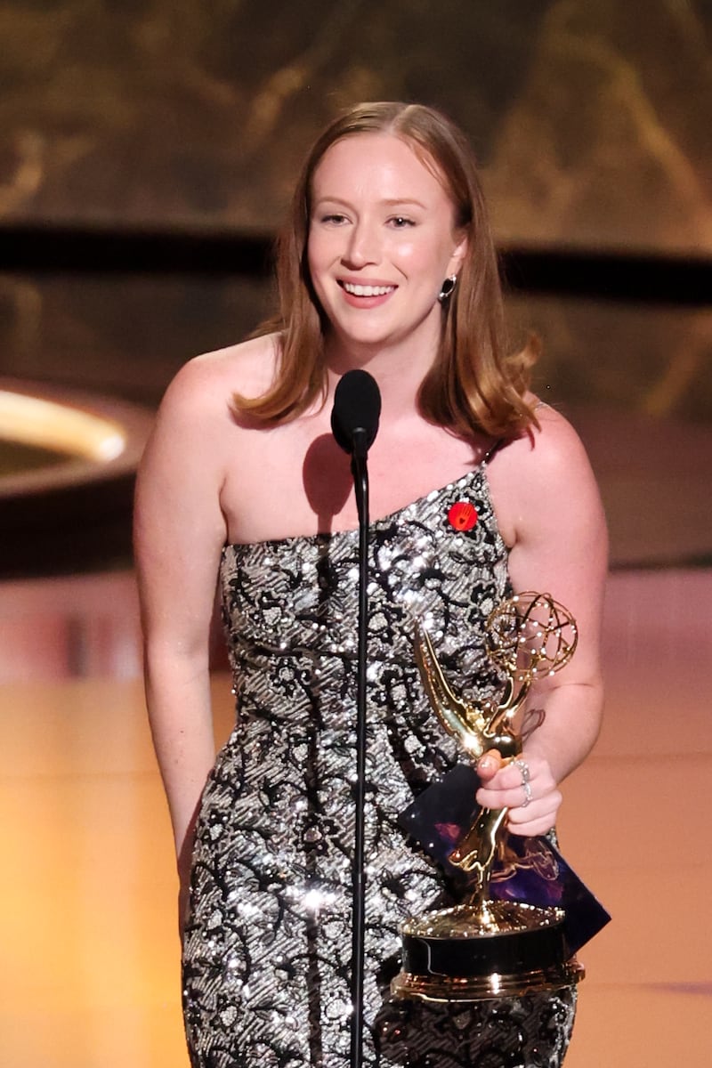 Hannah Einbinder accepts the Emmy Award for Outstanding Supporting Actress in a Comedy Series in "Hacks" at the 77th Primetime Emmy Awards held at the Peacock Theater on September 14, 2025