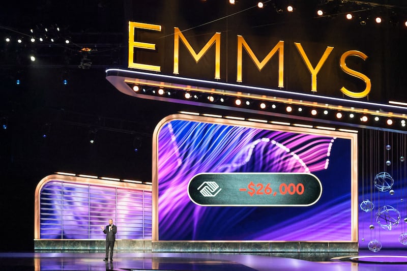 Host Nate Bargatze during the show at the 77th Primetime Emmy Awards at the Peacock Theater in Los Angeles, CA, Sunday, Sept. 14, 2025.