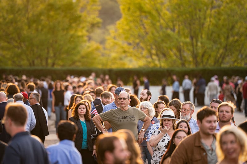 WASHINGTON, DC - SEPTEMBER 14: People wait in line prior to a prayer vigil for political activist Charlie Kirk outside the John F. Kennedy Center for the Performing Arts on September 14, 2025 in Washington, DC. Kirk was shot and killed by a gunman on September 10 while speaking at Utah Valley University. (Photo by Al Drago/Getty Images)