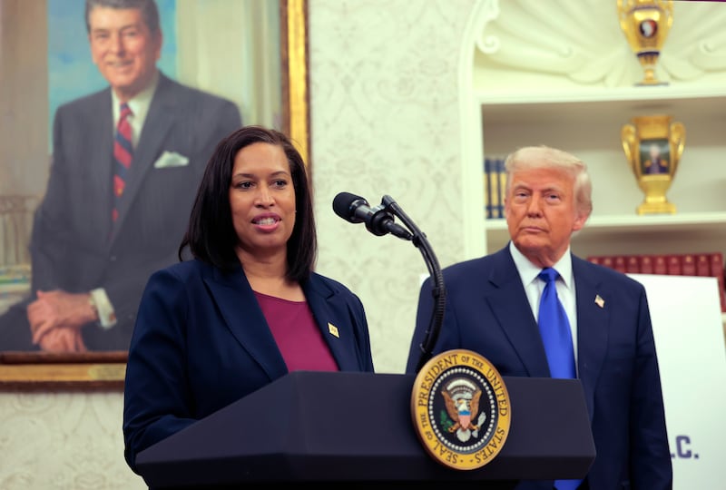 WASHINGTON, DC - MAY 05: Washington, DC Mayor Muriel Bowser speaks alongside U.S. President Donald Trump during an event on the NFL Draft in the Oval Office of the White House on May 05, 2025 in Washington, DC. President Trump announced that the 2027 NFL Draft will be held on the National Mall. (Photo by Anna Moneymaker/Getty Images)