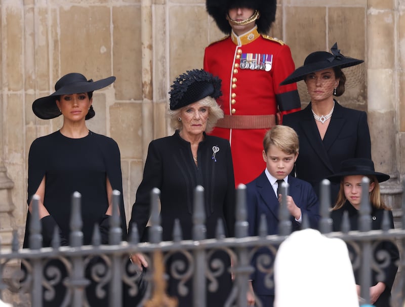 Meghan, Duchess of Sussex, Camilla, Queen Consort, Prince George of Wales, Catherine, Princess of Wales and Princess Charlotte of Wales during the State Funeral of Queen Elizabeth II at Westminster Abbey on September 19, 2022 in London, England. Elizabeth Alexandra Mary Windsor was born in Bruton Street, Mayfair, London on 21 April 1926. She married Prince Philip in 1947 and ascended the throne of the United Kingdom and Commonwealth on 6 February 1952 after the death of her Father, King George VI. Queen Elizabeth II died at Balmoral Castle in Scotland on September 8, 2022, and is succeeded by her eldest son, King Charles III.