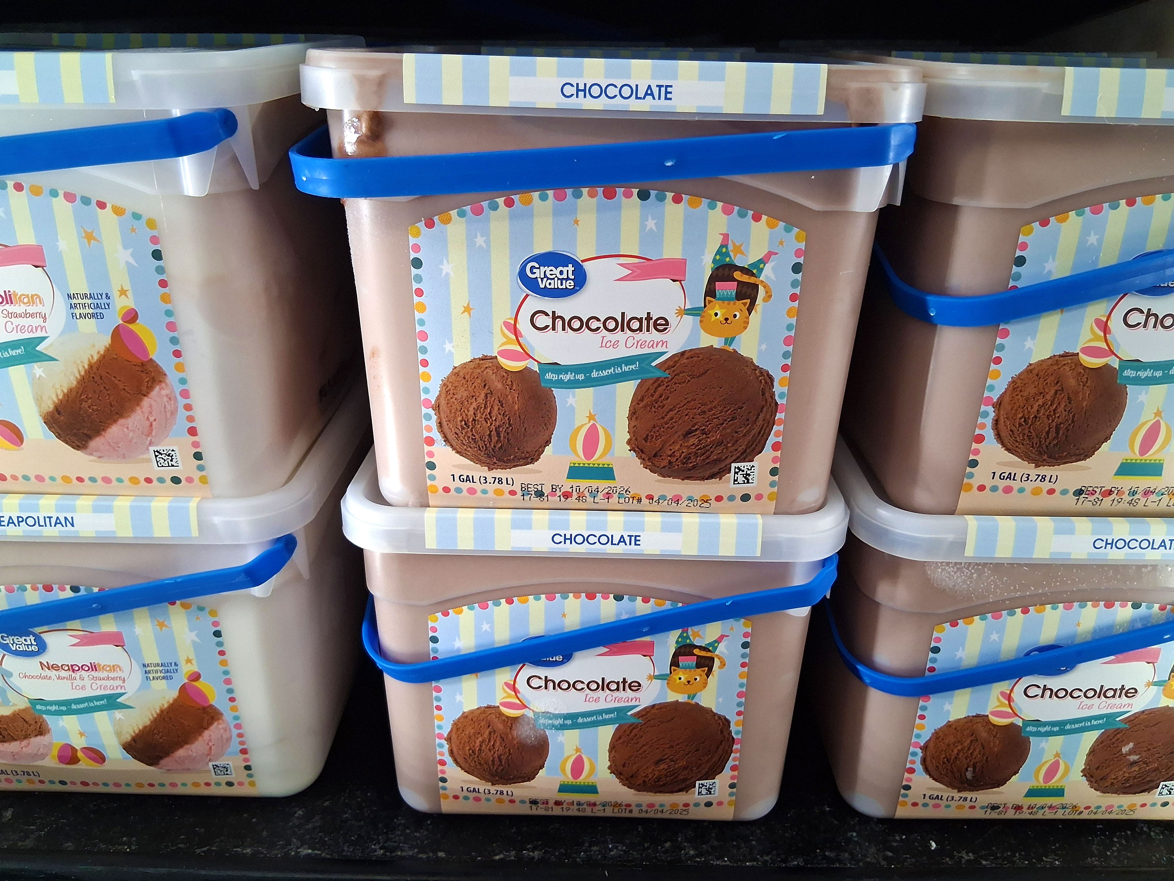 Containers of Great Value chocolate ice cream.