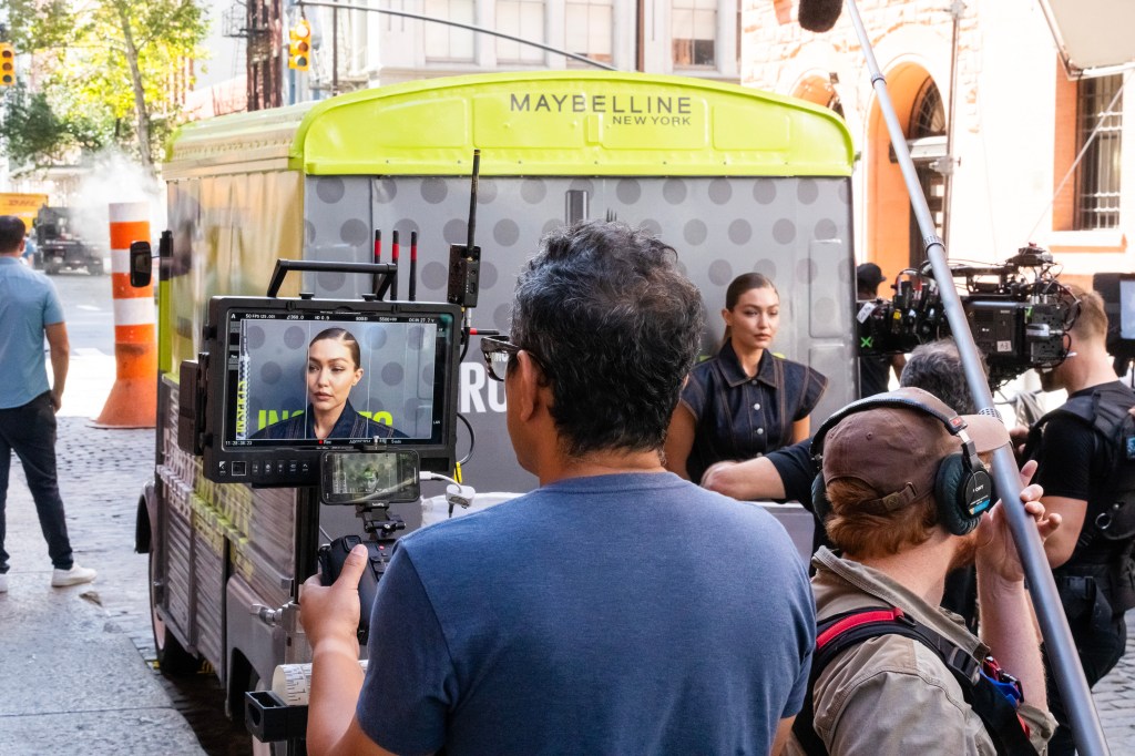 Gigi Hadid is seen on a photoshoot for Maybelline in SoHo on September 15, 2025 in New York City