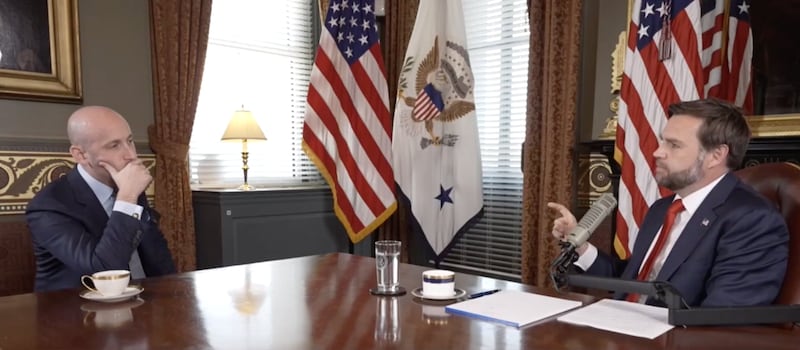 White House Deputy Chief of Staff Stephen Miller appearing with guest host Vice President JD Vance on The Charlie Kirk Show.