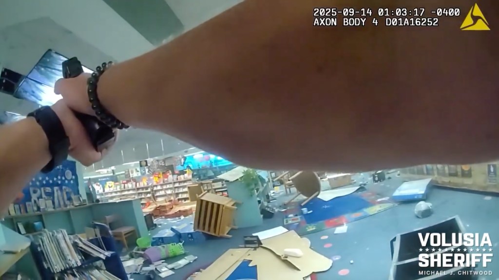 Bodycam footage of a vandalized elementary school library.