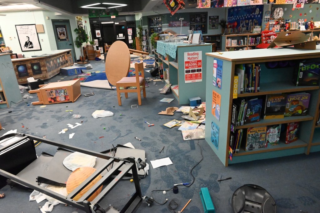 Vandalized elementary school library.
