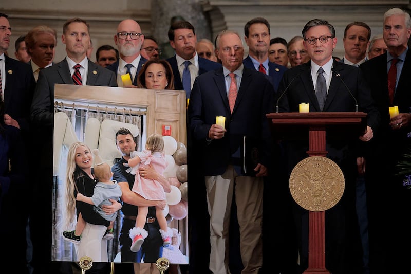 Speaker of the House Mike Johnson (R-LA) delivers remarks during a memorial vigil for conservative leader and Turning Point USA founder Charlie Kirk in Statuary Hall at the U.S. Capitol on September 15, 2025 in Washington, DC. One of the most prominent young voices in the MAGA movement, Kirk was assassinated last week at Utah Valley University during the first stop on a cross-country public debate tour. (Photo by Chip Somodevilla/Getty Images)
