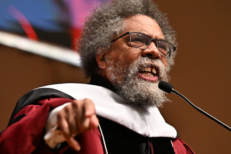 ATLANTA, GEORGIA - MAY 18: Cornel West gives the commencement address during the 141st Morehouse College Commencement Ceremony at Morehouse College on May 18, 2025 in Atlanta, Georgia.  West was awarded an honorary degree of Doctor of Humane Letter from Morehouse College during the commencement ceremony.  (Photo by Paras Griffin/Getty Images)