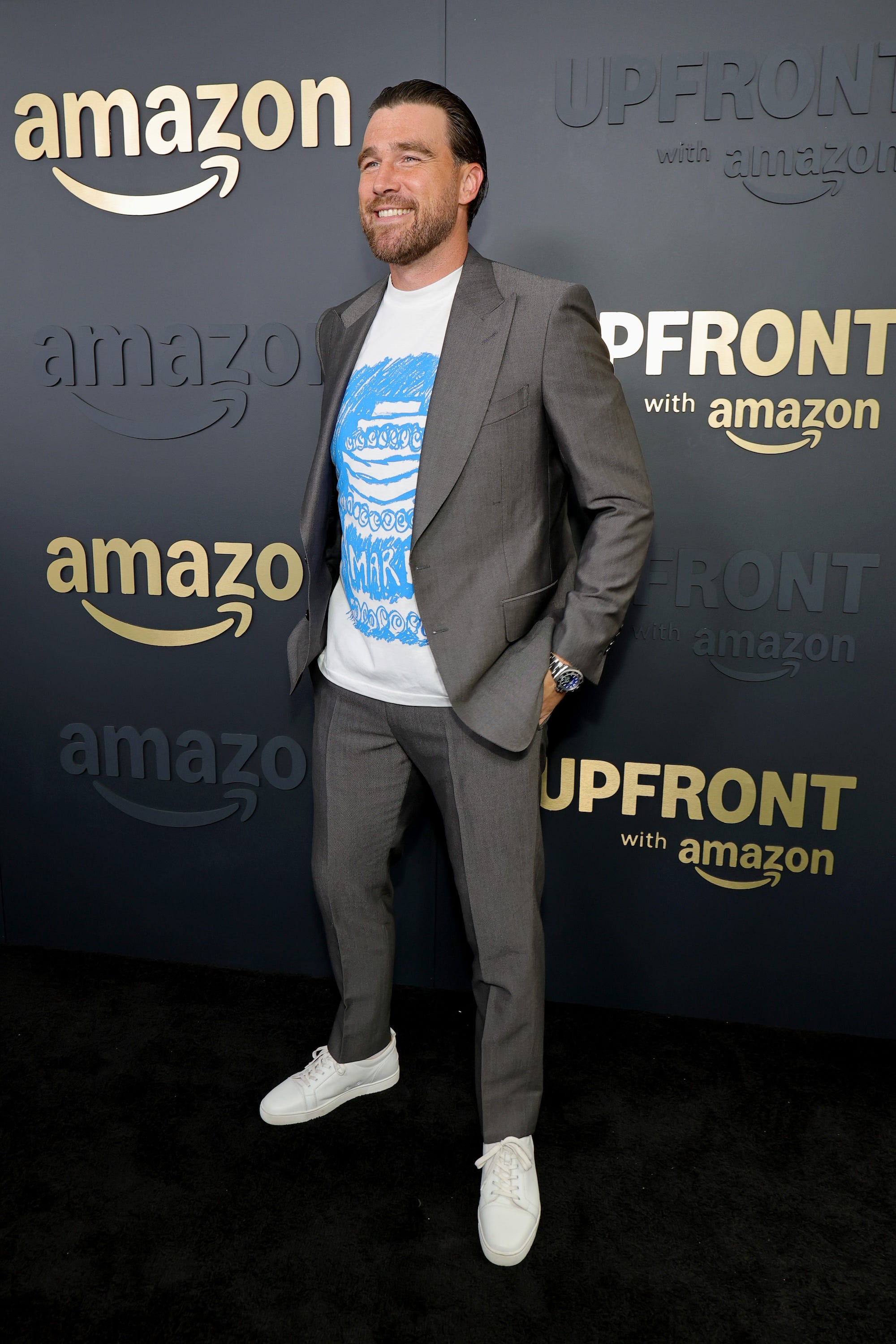 Travis Kelce poses for photographers at the 2025 Amazon Upfront presentation in New York City.