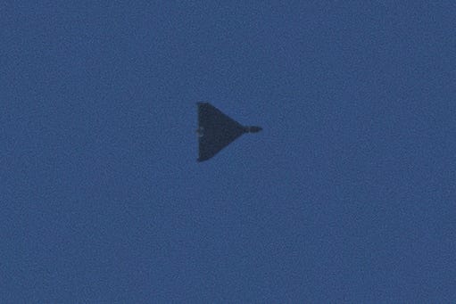 A Shahed drone flies during a Russian strike on Kyiv, Ukraine, on Sunday, Sept. 7, 2025.